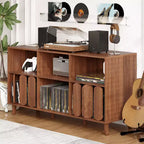 Grand meuble tourne-disque de 55 pouces, meuble de rangement rustique en bois pour disques vinyles avec station de charge, 2 prises et ports USB, support avec étagères ouvertes