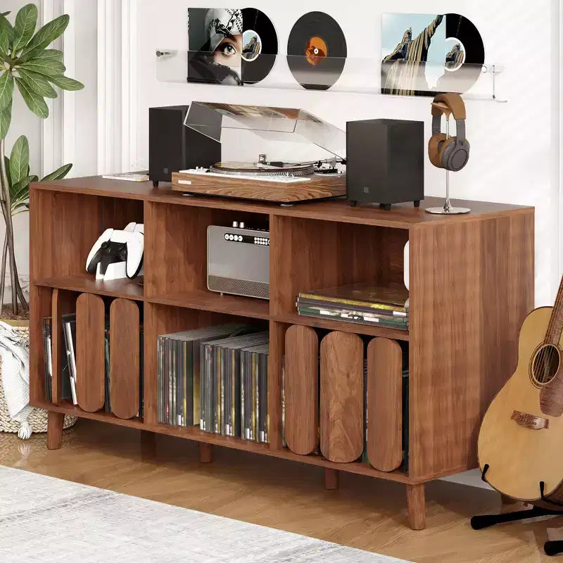 Grand meuble tourne-disque de 55 pouces, meuble de rangement rustique en bois pour disques vinyles avec station de charge, 2 prises et ports USB, support avec étagères ouvertes
