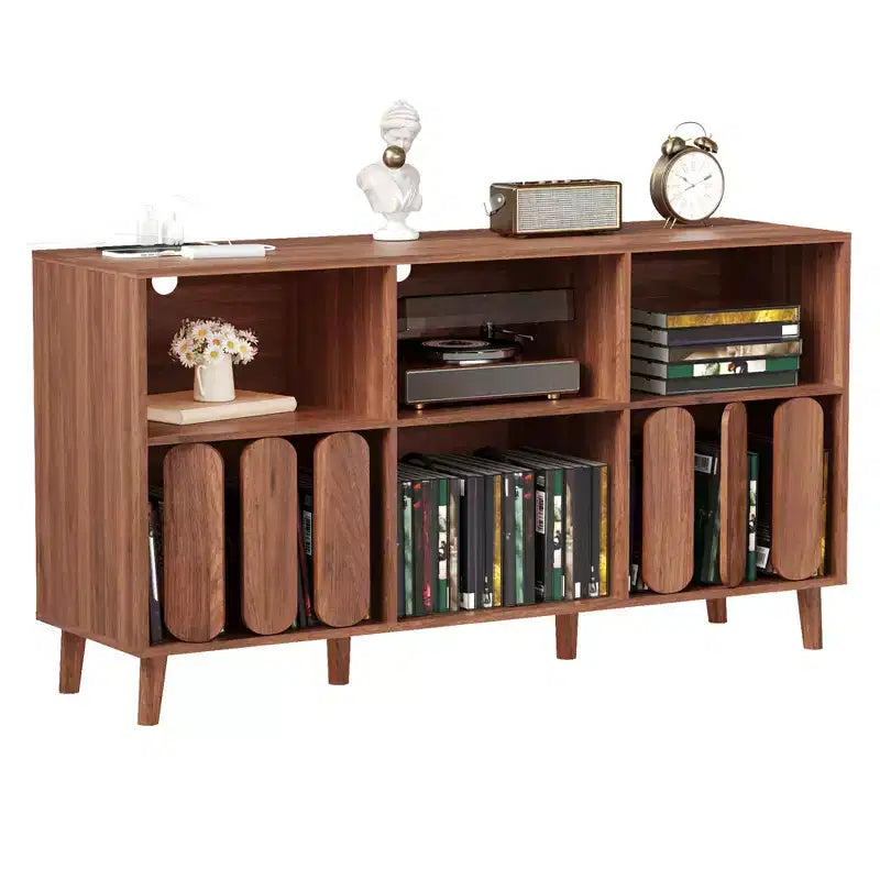 Grand meuble tourne-disque de 55 pouces, meuble de rangement rustique en bois pour disques vinyles avec station de charge, 2 prises et ports USB, support avec étagères ouvertes