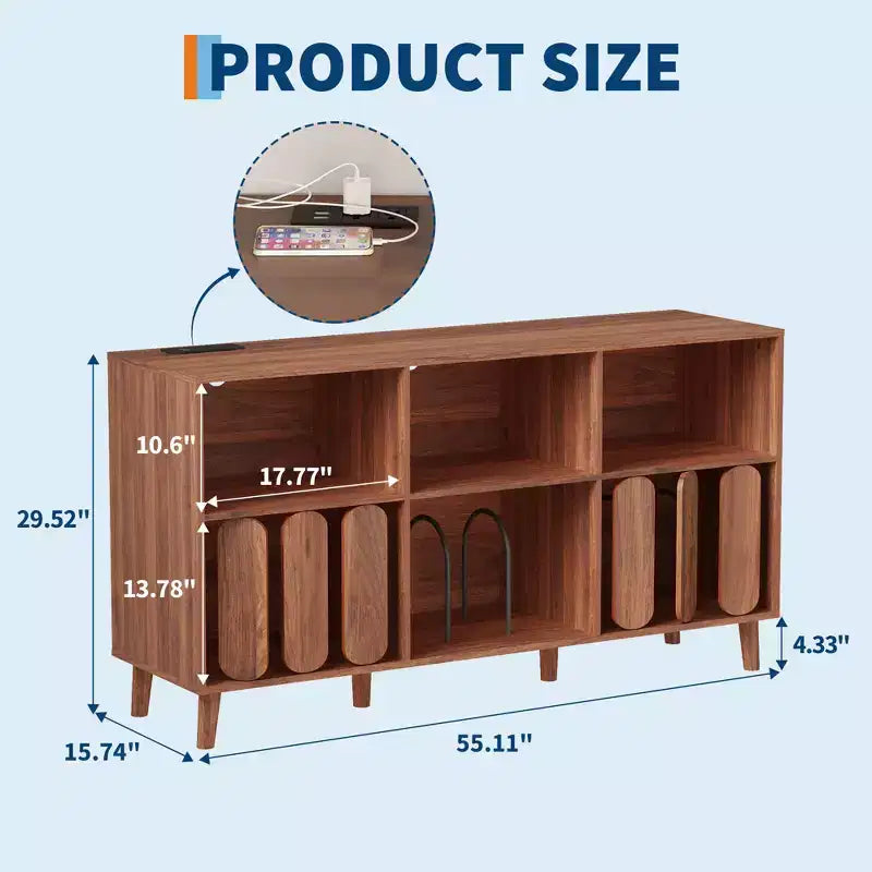 Grand meuble tourne-disque de 55 pouces, meuble de rangement rustique en bois pour disques vinyles avec station de charge, 2 prises et ports USB, support avec étagères ouvertes
