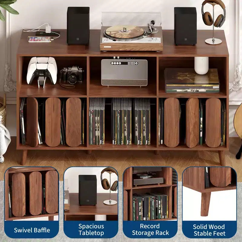 Grand meuble tourne-disque de 55 pouces, meuble de rangement rustique en bois pour disques vinyles avec station de charge, 2 prises et ports USB, support avec étagères ouvertes