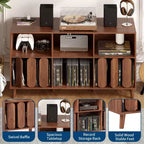 Grand meuble tourne-disque de 55 pouces, meuble de rangement rustique en bois pour disques vinyles avec station de charge, 2 prises et ports USB, support avec étagères ouvertes