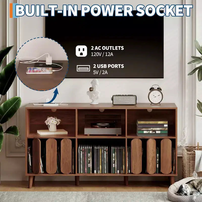Grand meuble tourne-disque de 55 pouces, meuble de rangement rustique en bois pour disques vinyles avec station de charge, 2 prises et ports USB, support avec étagères ouvertes