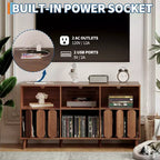 Grand meuble tourne-disque de 55 pouces, meuble de rangement rustique en bois pour disques vinyles avec station de charge, 2 prises et ports USB, support avec étagères ouvertes