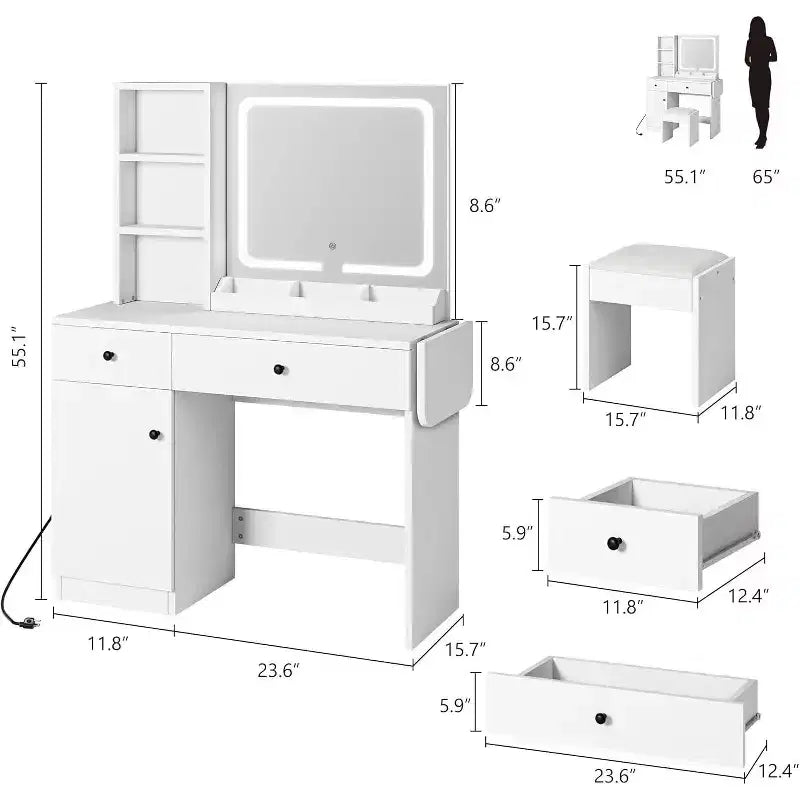 COZONY Coiffeuse avec Miroir et Lumières, Coiffeuse de Maquillage Réglable avec Tabouret en Similicuir, 2 Tiroirs et Étagère Ouverte à 3 Niveaux, Blanc