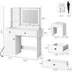 COZONY Coiffeuse avec Miroir et Lumières, Coiffeuse de Maquillage Réglable avec Tabouret en Similicuir, 2 Tiroirs et Étagère Ouverte à 3 Niveaux, Blanc