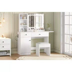 COZONY Coiffeuse avec Miroir et Lumières, Coiffeuse de Maquillage Réglable avec Tabouret en Similicuir, 2 Tiroirs et Étagère Ouverte à 3 Niveaux, Blanc