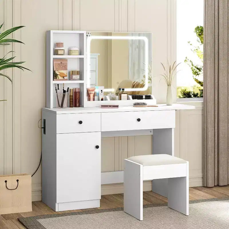 COZONY Coiffeuse avec Miroir et Lumières, Coiffeuse de Maquillage Réglable avec Tabouret en Similicuir, 2 Tiroirs et Étagère Ouverte à 3 Niveaux, Blanc