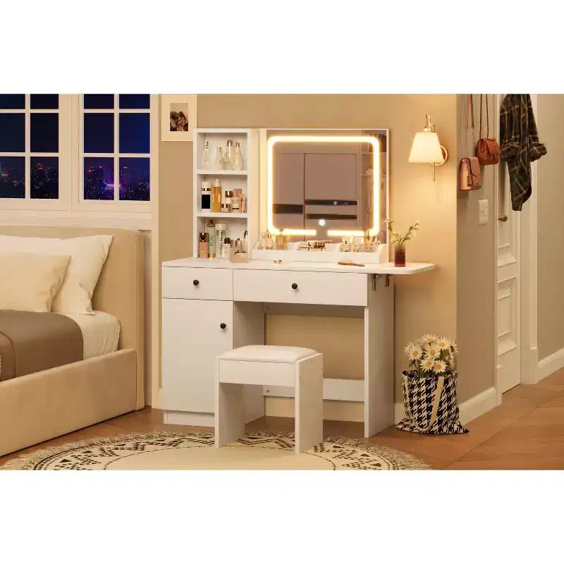 COZONY Coiffeuse avec Miroir et Lumières, Coiffeuse de Maquillage Réglable avec Tabouret en Similicuir, 2 Tiroirs et Étagère Ouverte à 3 Niveaux, Blanc