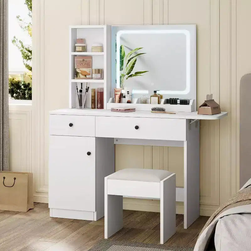 COZONY Coiffeuse avec Miroir et Lumières, Coiffeuse de Maquillage Réglable avec Tabouret en Similicuir, 2 Tiroirs et Étagère Ouverte à 3 Niveaux, Blanc
