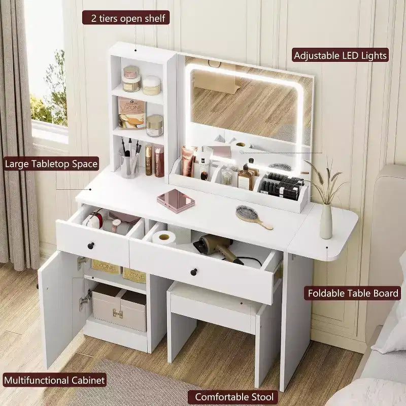 COZONY Coiffeuse avec Miroir et Lumières, Coiffeuse de Maquillage Réglable avec Tabouret en Similicuir, 2 Tiroirs et Étagère Ouverte à 3 Niveaux, Blanc