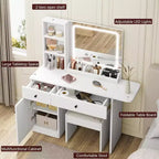 COZONY Coiffeuse avec Miroir et Lumières, Coiffeuse de Maquillage Réglable avec Tabouret en Similicuir, 2 Tiroirs et Étagère Ouverte à 3 Niveaux, Blanc
