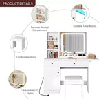 COZONY Coiffeuse avec Miroir et Lumières, Coiffeuse de Maquillage Réglable avec Tabouret en Similicuir, 2 Tiroirs et Étagère Ouverte à 3 Niveaux, Blanc