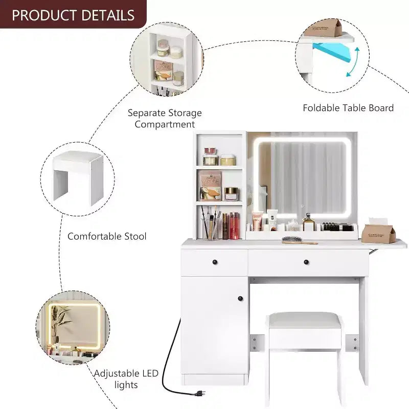 COZONY Coiffeuse avec Miroir et Lumières, Coiffeuse de Maquillage Réglable avec Tabouret en Similicuir, 2 Tiroirs et Étagère Ouverte à 3 Niveaux, Blanc