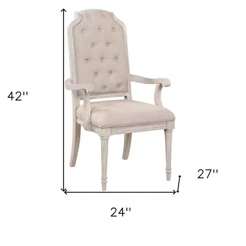 HomeRoots – Ensemble de deux chaises de salle à manger avec accoudoirs, en tissu touffeté blanc antique et couleur champagne, et bois massif