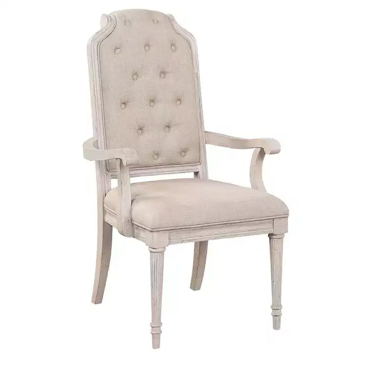 HomeRoots – Ensemble de deux chaises de salle à manger avec accoudoirs, en tissu touffeté blanc antique et couleur champagne, et bois massif