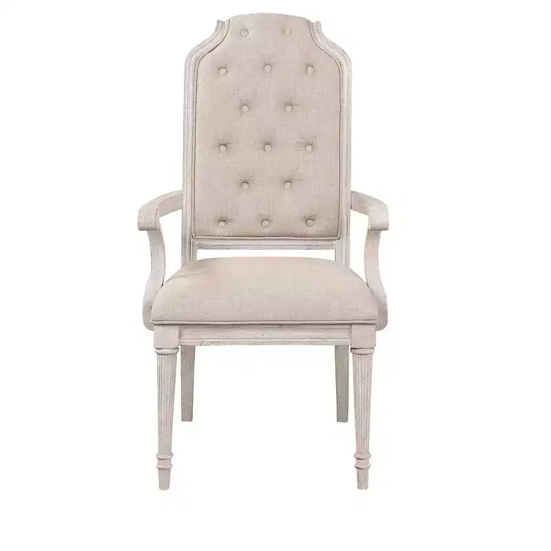 HomeRoots – Ensemble de deux chaises de salle à manger avec accoudoirs, en tissu touffeté blanc antique et couleur champagne, et bois massif