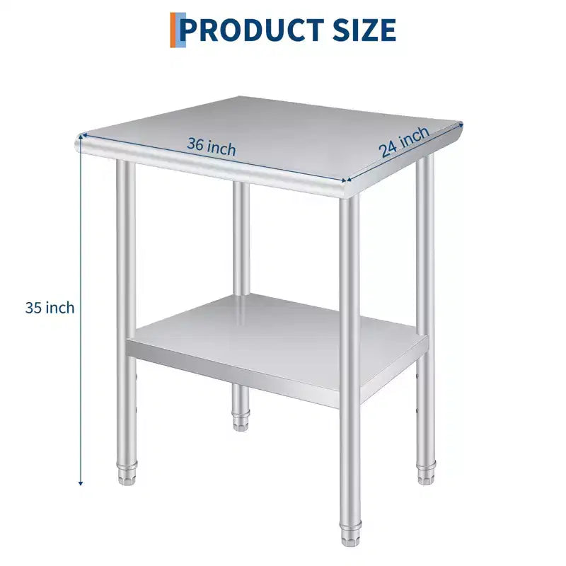 Table de préparation alimentaire en acier inoxydable avec coins arrondis, étagère inférieure réglable, plan de travail robuste avec étagère inférieure réglable