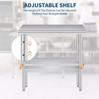 Table de préparation alimentaire en acier inoxydable avec coins arrondis, étagère inférieure réglable, plan de travail robuste avec étagère inférieure réglable