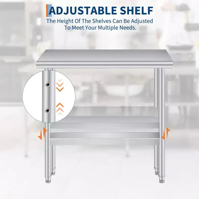 Table de préparation alimentaire en acier inoxydable avec coins arrondis, étagère inférieure réglable, plan de travail robuste avec étagère inférieure réglable