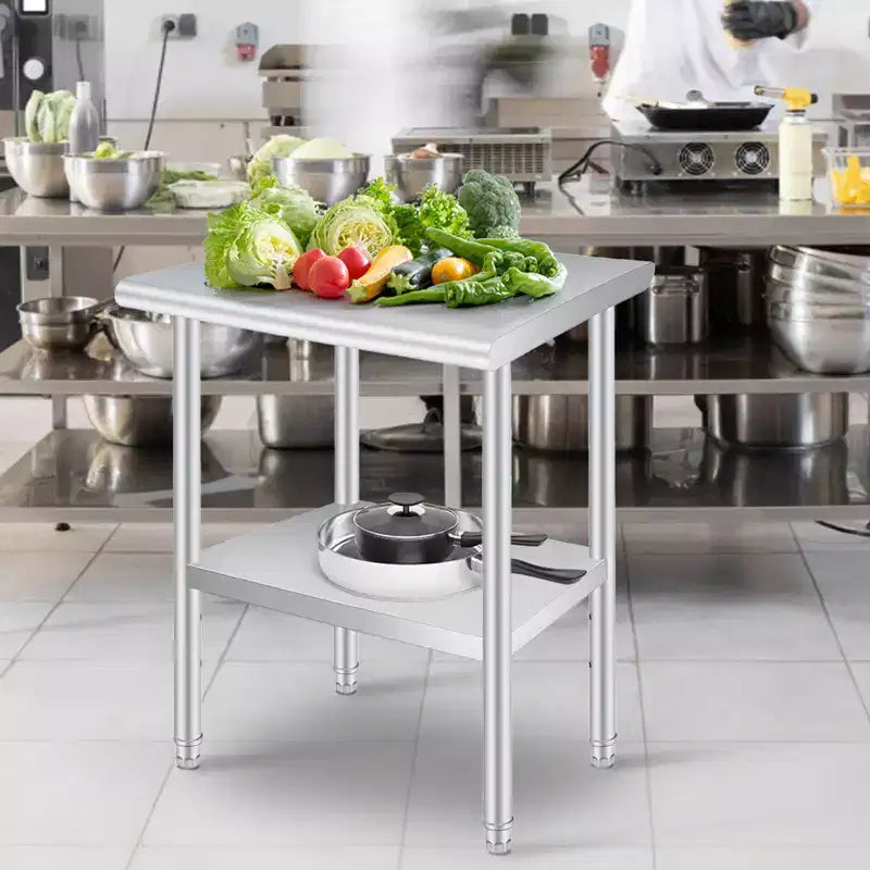 Table de préparation alimentaire en acier inoxydable avec coins arrondis, étagère inférieure réglable, plan de travail robuste avec étagère inférieure réglable