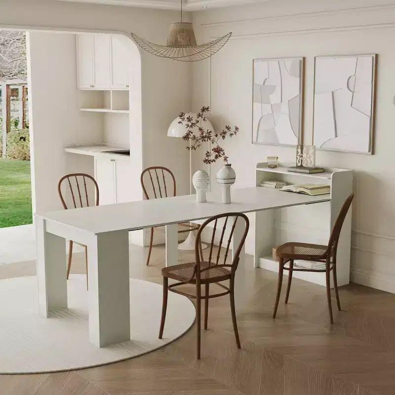 Table à manger extensible moderne en noyer avec espace de rangement, montage facile, design rectangulaire.