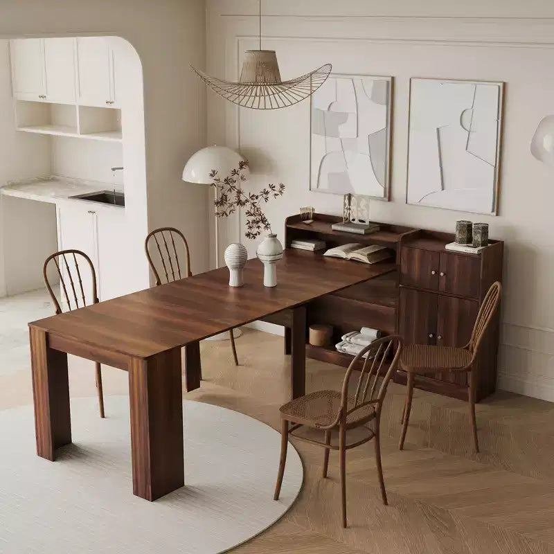 Table à manger extensible moderne en noyer avec espace de rangement, montage facile, design rectangulaire.