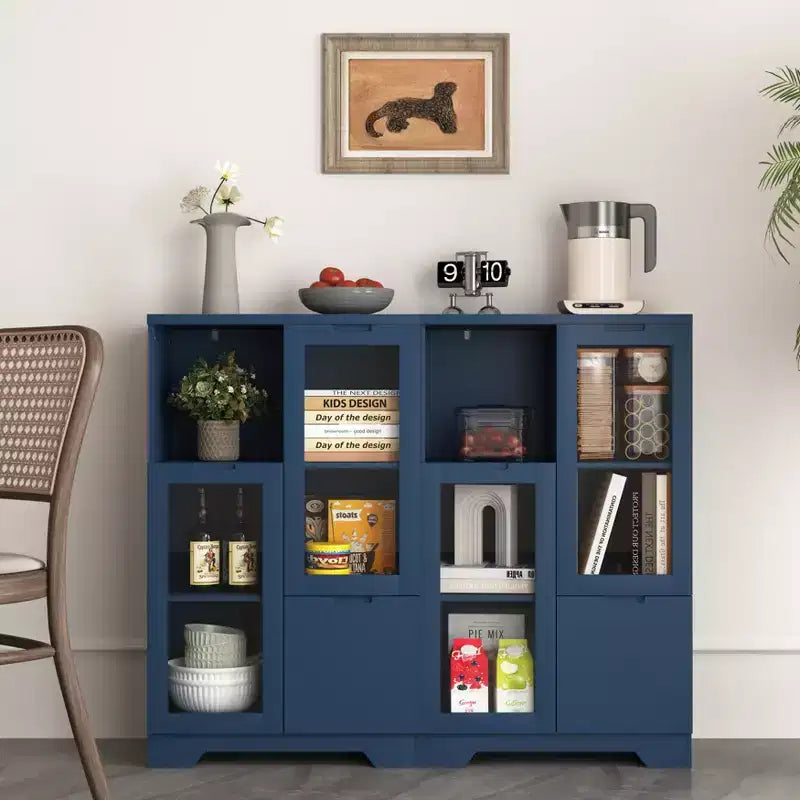 CLIHOME Armoire de rangement peinte à 2 portes avec portes vitrées et tiroir, espace de rangement ouvert