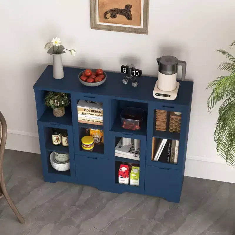 CLIHOME Armoire de rangement peinte à 2 portes avec portes vitrées et tiroir, espace de rangement ouvert