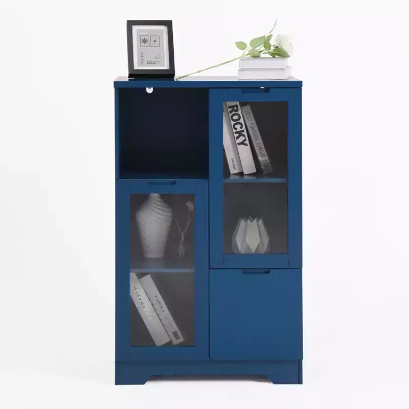 CLIHOME Armoire de rangement peinte à 2 portes avec portes vitrées et tiroir, espace de rangement ouvert
