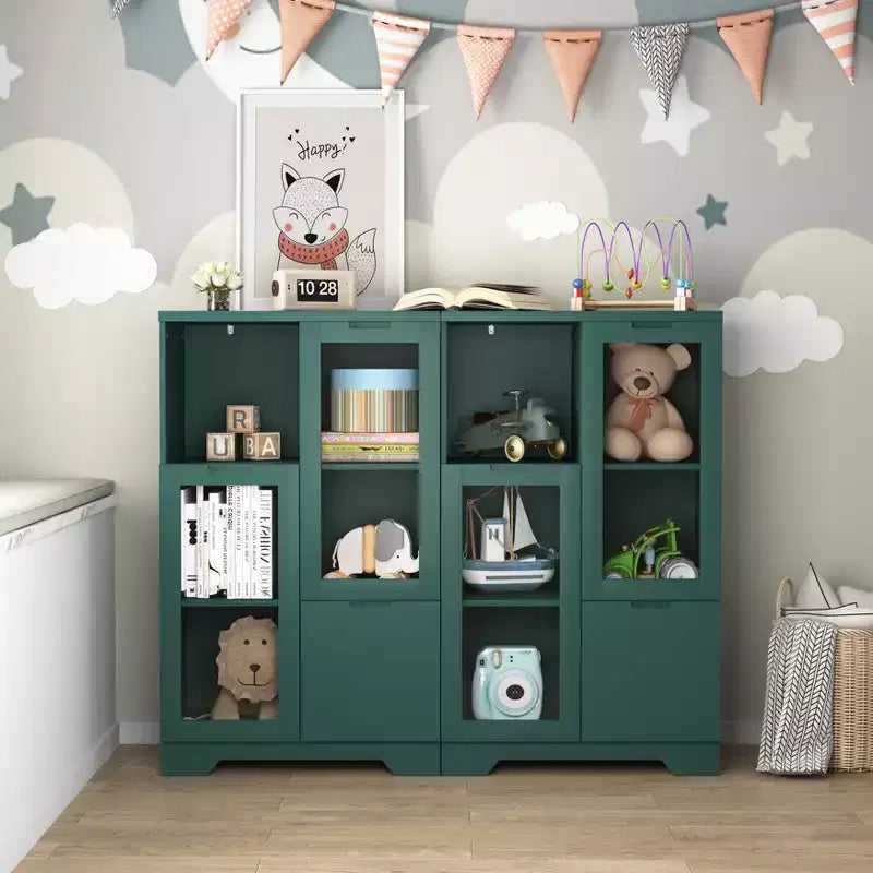 CLIHOME Armoire de rangement peinte à 2 portes avec portes vitrées et tiroir, espace de rangement ouvert
