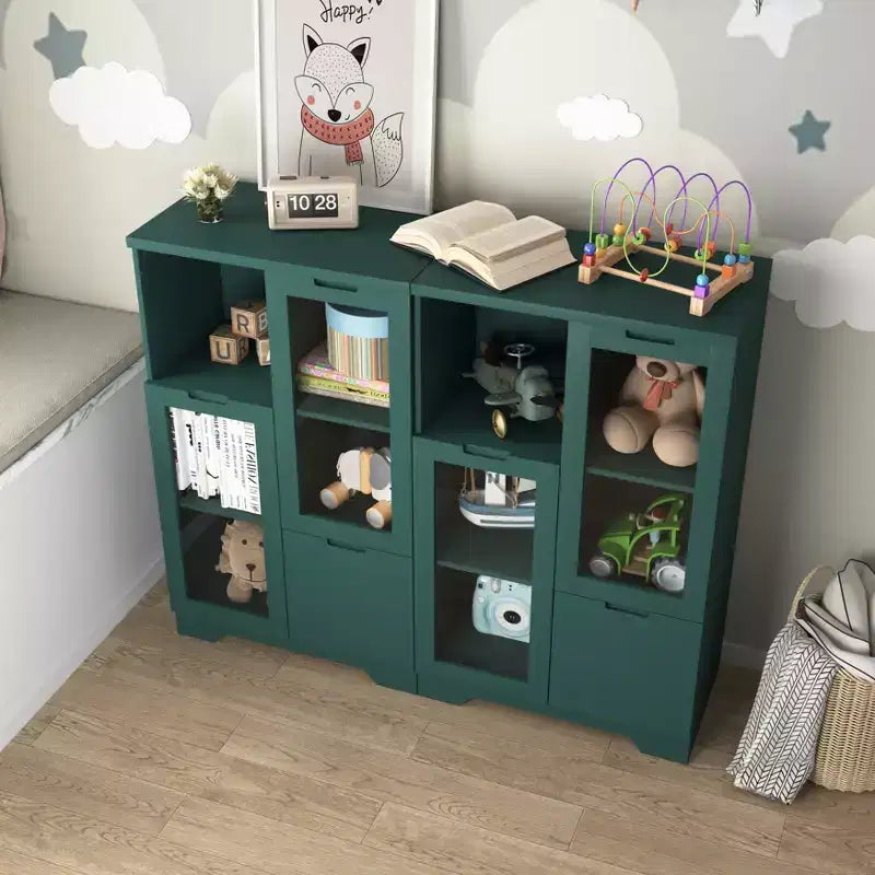 CLIHOME Armoire de rangement peinte à 2 portes avec portes vitrées et tiroir, espace de rangement ouvert