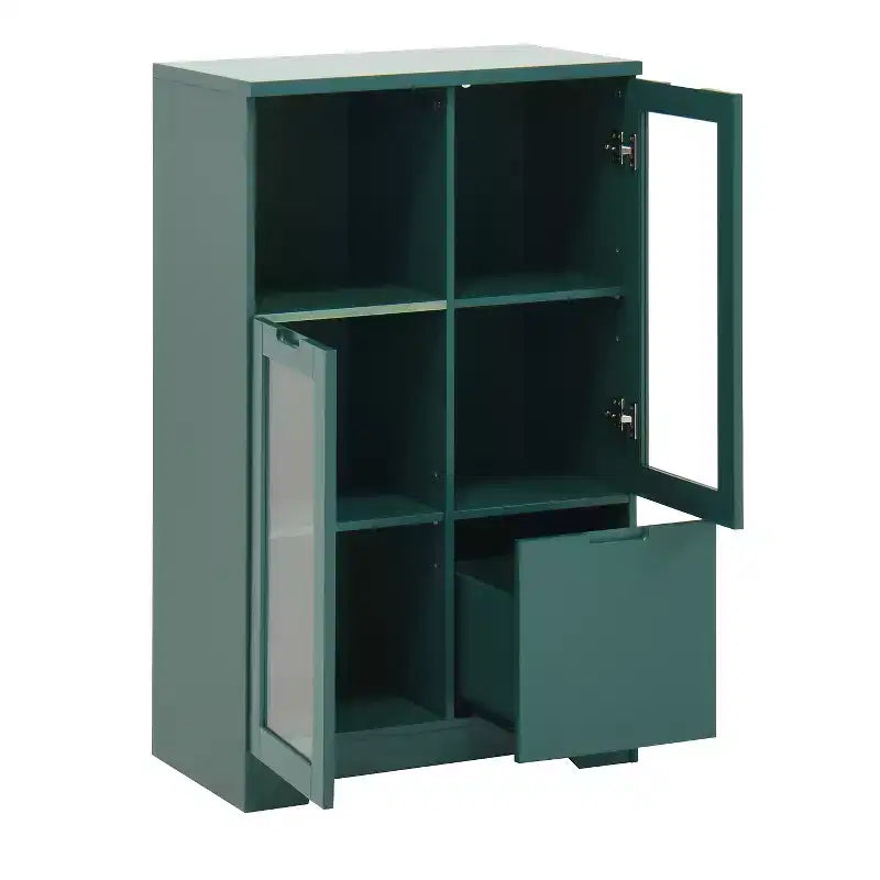 CLIHOME Armoire de rangement peinte à 2 portes avec portes vitrées et tiroir, espace de rangement ouvert