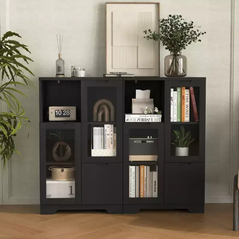 CLIHOME Armoire de rangement peinte à 2 portes avec portes vitrées et tiroir, espace de rangement ouvert