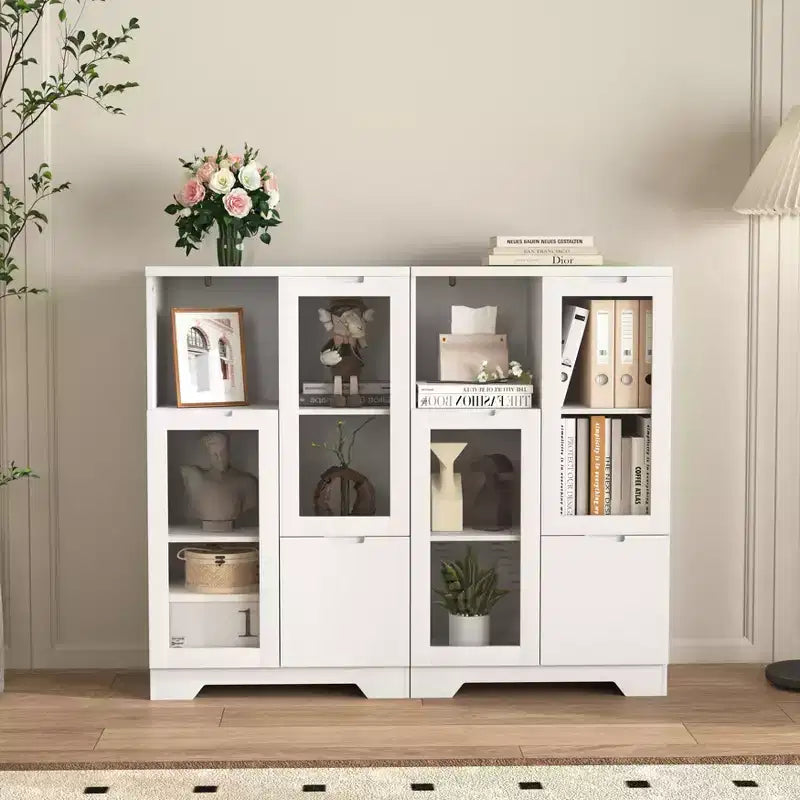 CLIHOME Armoire de rangement peinte à 2 portes avec portes vitrées et tiroir, espace de rangement ouvert