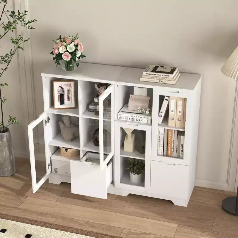 CLIHOME Armoire de rangement peinte à 2 portes avec portes vitrées et tiroir, espace de rangement ouvert