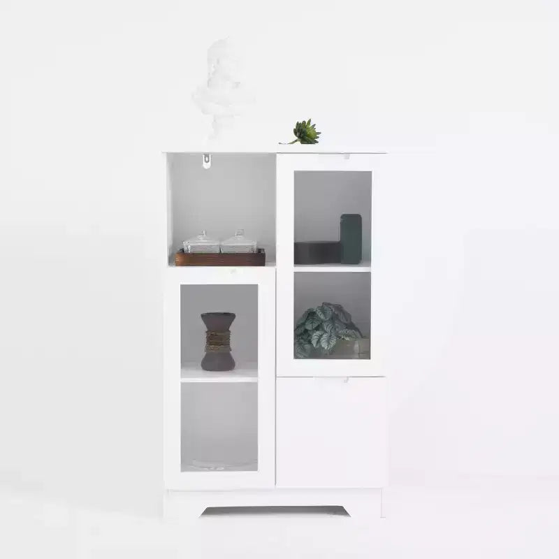 CLIHOME Armoire de rangement peinte à 2 portes avec portes vitrées et tiroir, espace de rangement ouvert