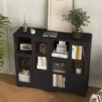 CLIHOME Armoire de rangement peinte à 2 portes avec portes vitrées et tiroir, espace de rangement ouvert