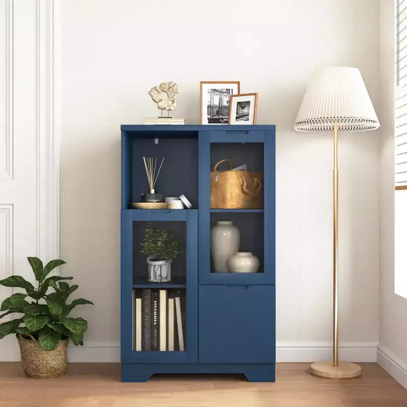 CLIHOME Armoire de rangement peinte à 2 portes avec portes vitrées et tiroir, espace de rangement ouvert