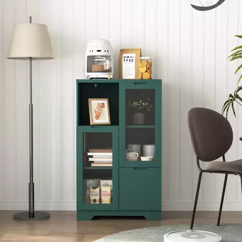 CLIHOME Armoire de rangement peinte à 2 portes avec portes vitrées et tiroir, espace de rangement ouvert