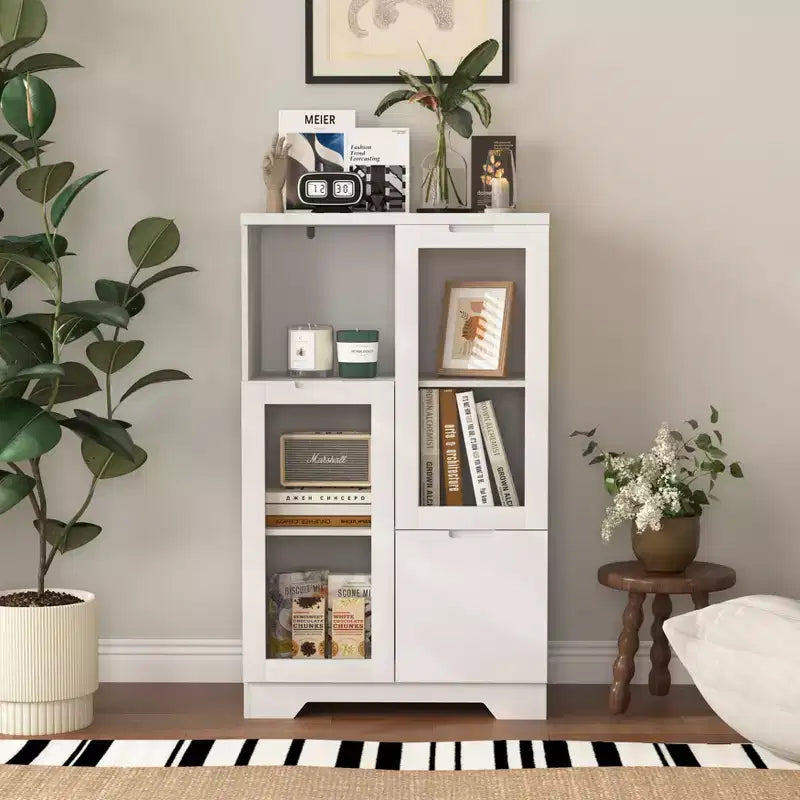 CLIHOME Armoire de rangement peinte à 2 portes avec portes vitrées et tiroir, espace de rangement ouvert