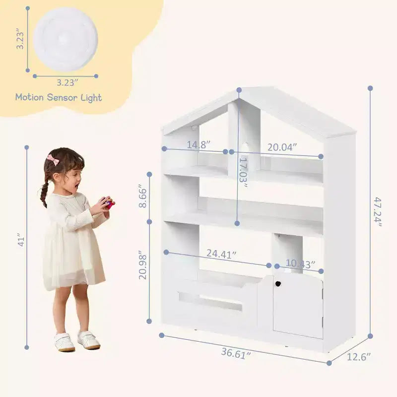 Étagère à Livres pour Enfants avec Lumière, Bibliothèque Maison de Poupée avec Détecteur de Mouvement