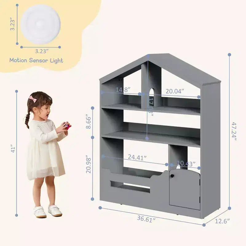 Étagère à Livres pour Enfants avec Lumière, Bibliothèque Maison de Poupée avec Détecteur de Mouvement