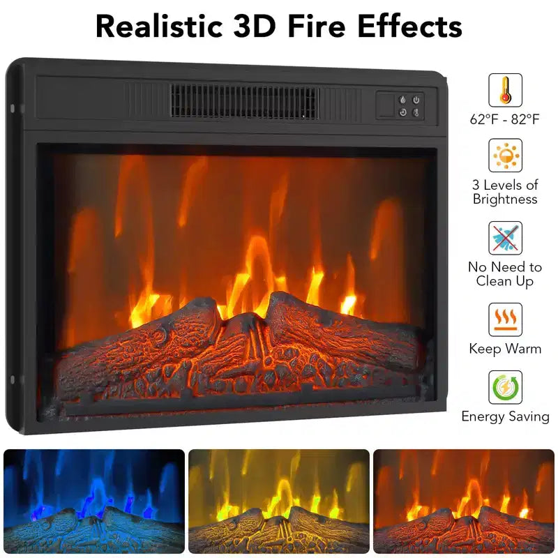 Le meuble TV comprend une cheminée électrique et une console multimédia, avec télécommande et effets de flammes LED réglables.
