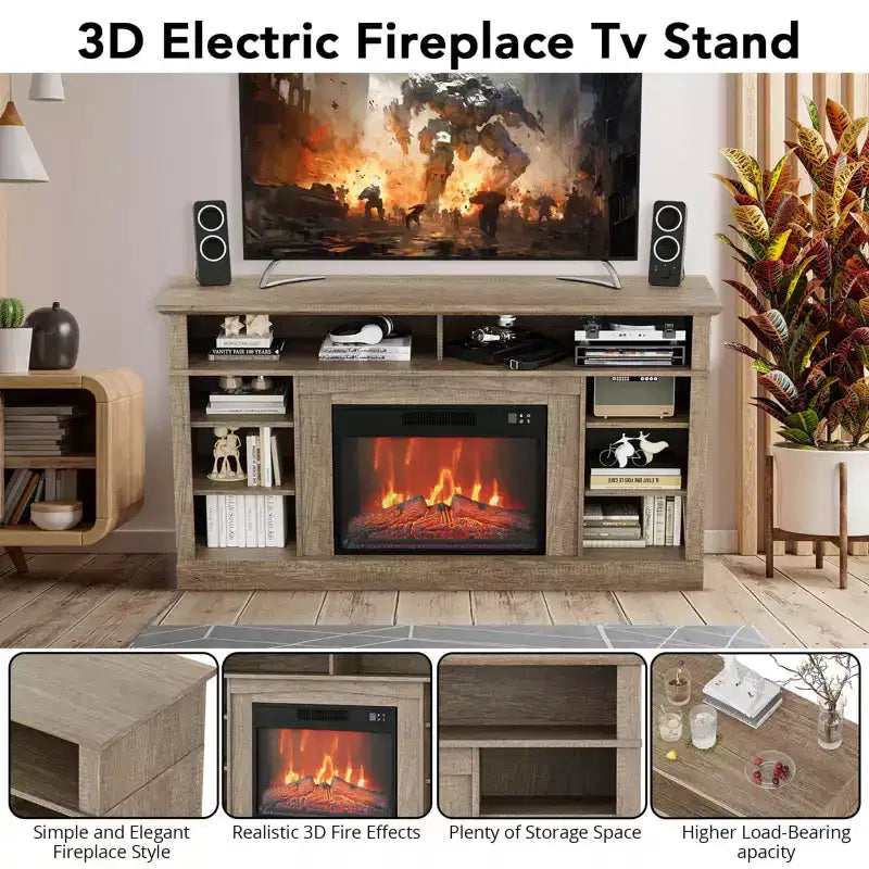 Le meuble TV comprend une cheminée électrique et une console multimédia, avec télécommande et effets de flammes LED réglables.