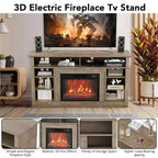 Le meuble TV comprend une cheminée électrique et une console multimédia, avec télécommande et effets de flammes LED réglables.