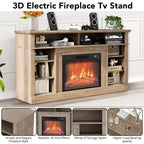 Le meuble TV comprend une cheminée électrique et une console multimédia, avec télécommande et effets de flammes LED réglables.