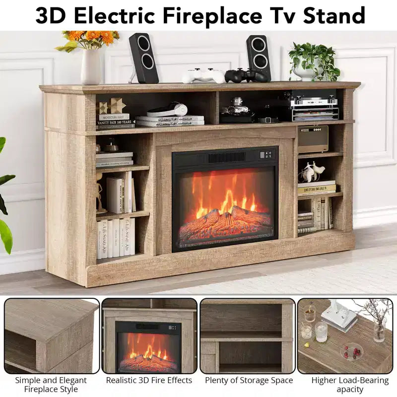 Le meuble TV comprend une cheminée électrique et une console multimédia, avec télécommande et effets de flammes LED réglables.