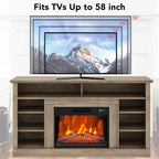 Le meuble TV comprend une cheminée électrique et une console multimédia, avec télécommande et effets de flammes LED réglables.