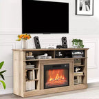 Le meuble TV comprend une cheminée électrique et une console multimédia, avec télécommande et effets de flammes LED réglables.